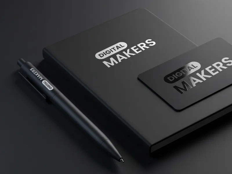 A black Digitalmakers notebook and pen photographed on a dark surface