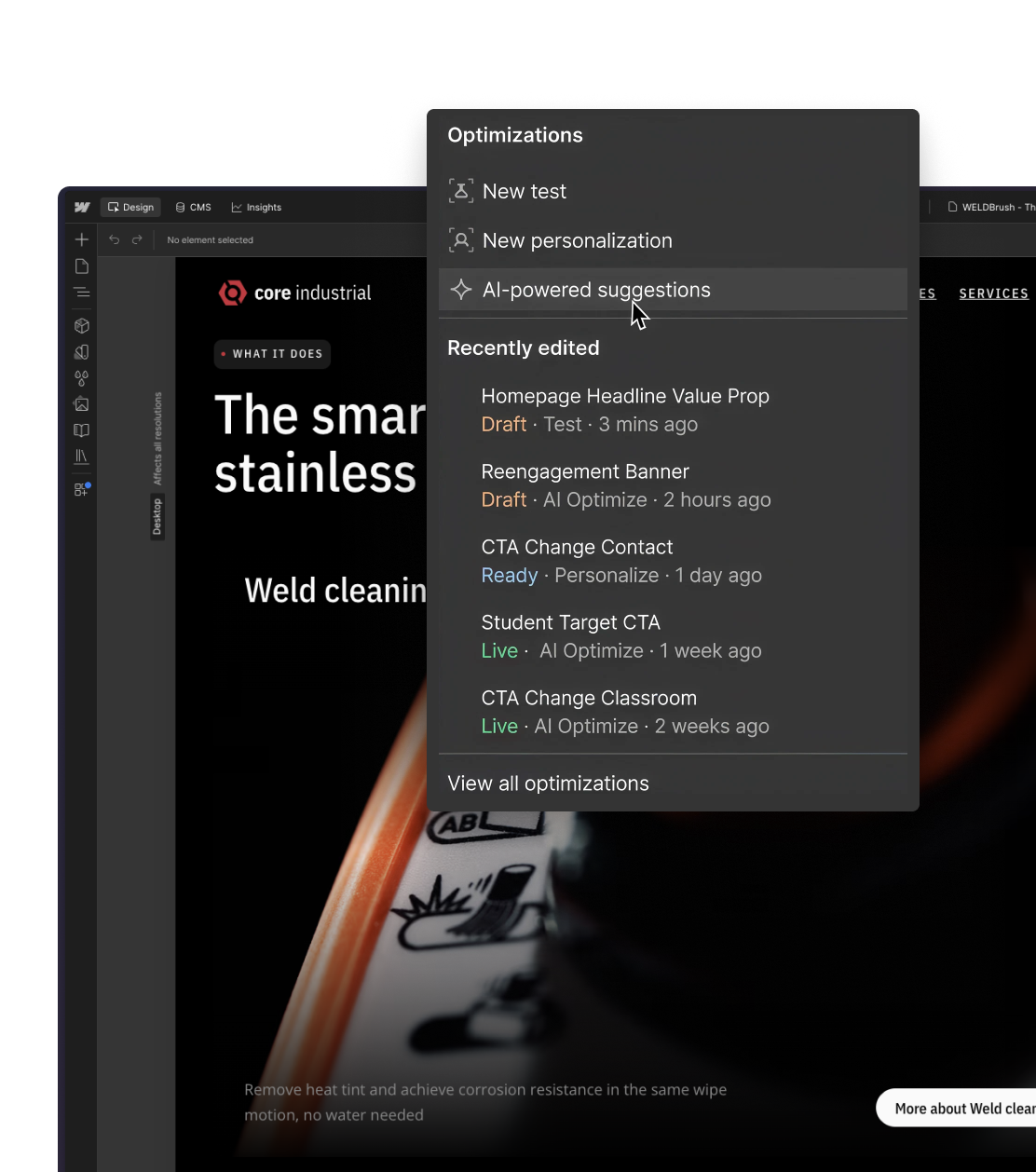 An optimisation panel with A/B tests and AI-powered suggestions shown over the Core Industrial website