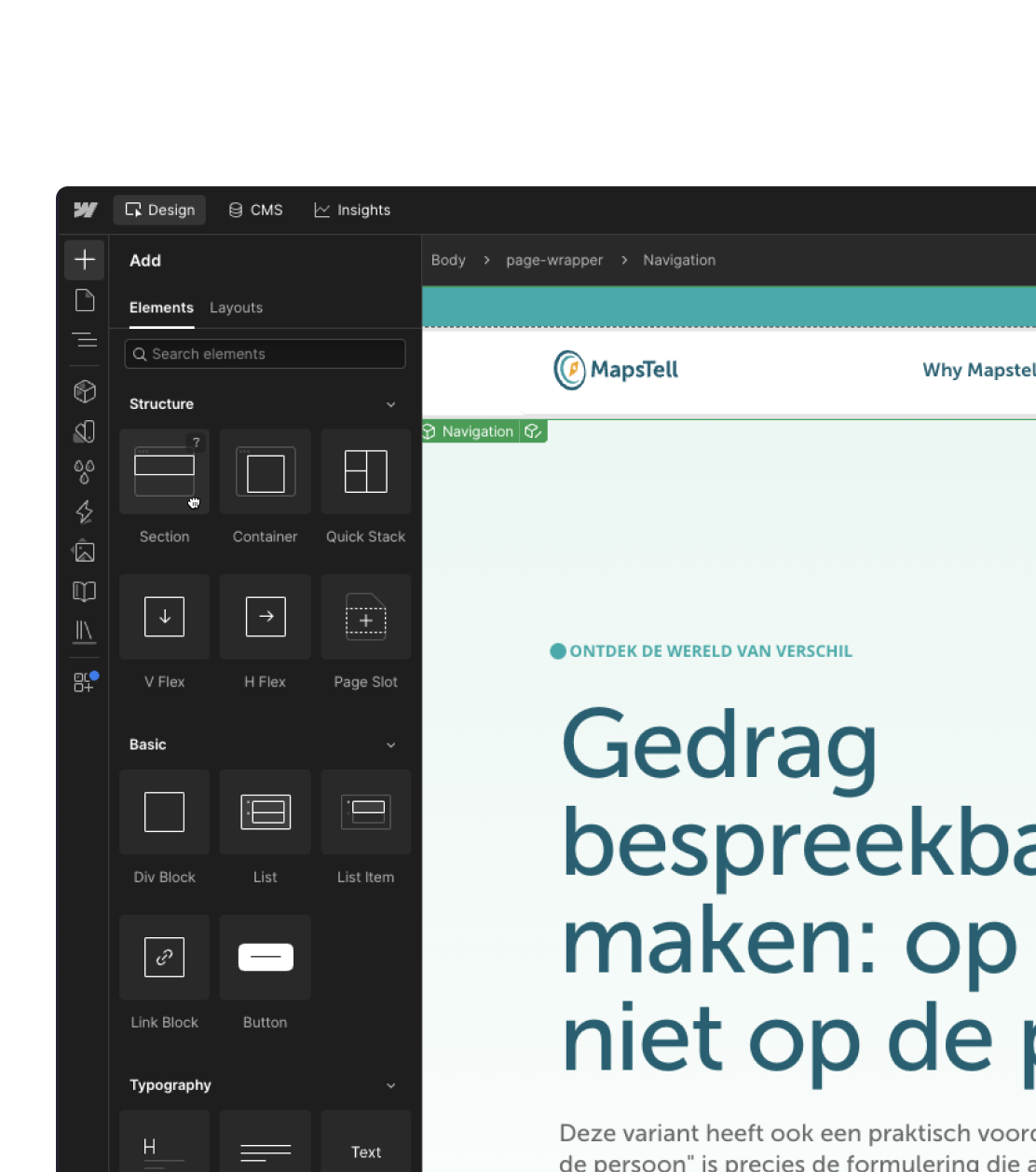 The Webflow Designer with the MapsTell website open, showing the elements panel next to the page canvas