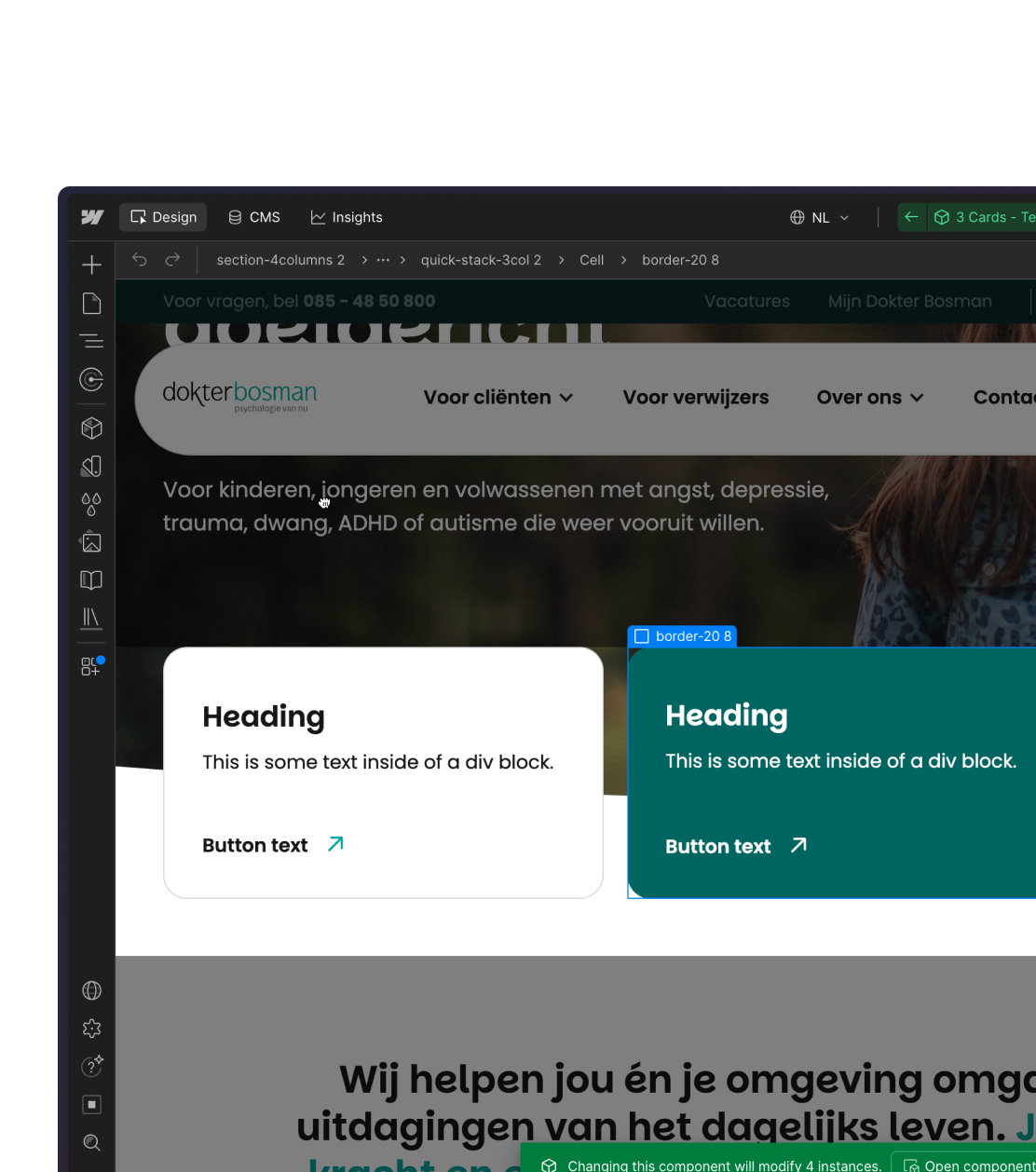The Webflow Designer showing the Dokter Bosman website alongside reusable heading and button components