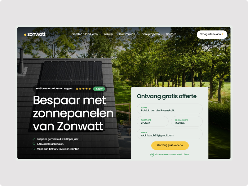 Zonwatt homepage built by Digitalmakers, rooftop solar panels and a quote request form
