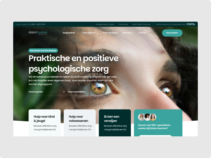 Dokter Bosman homepage built by Digitalmakers, with three entry points into care