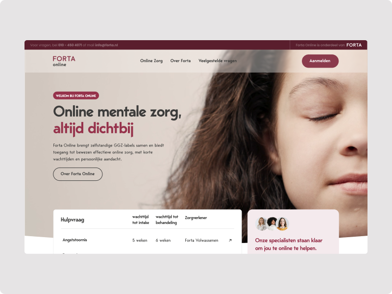 Forta Online homepage built by Digitalmakers, with a wait-time overview per treatment