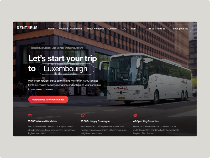 Rentabus homepage built by Digitalmakers, with a coach on a city street and trip booking