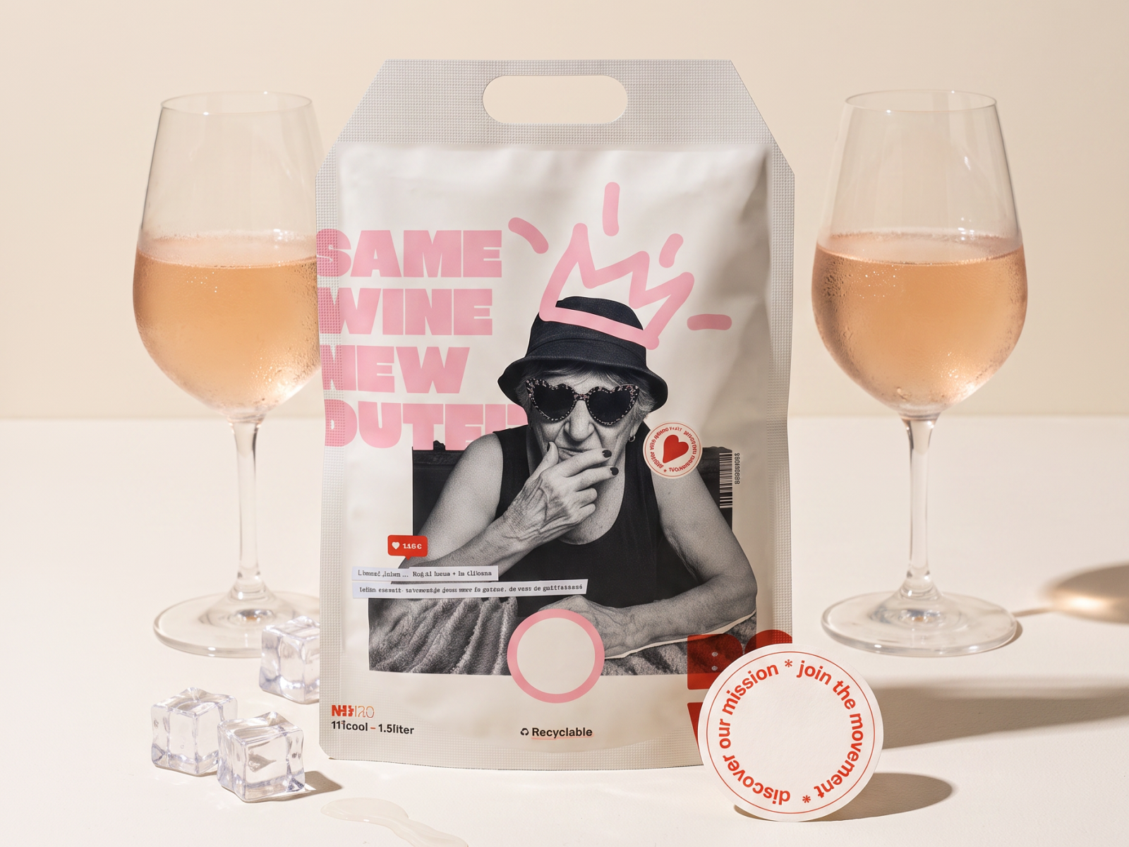 Bowi packaging design by Digitalmakers, wine pouch between two glasses of rose