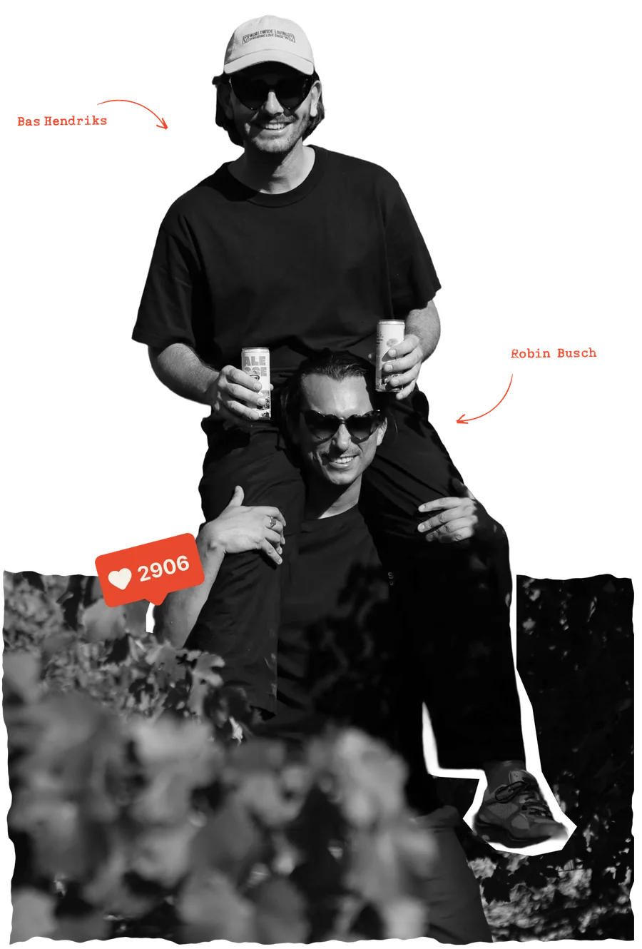 Cut-out portrait of the two founders, one on the other's shoulders