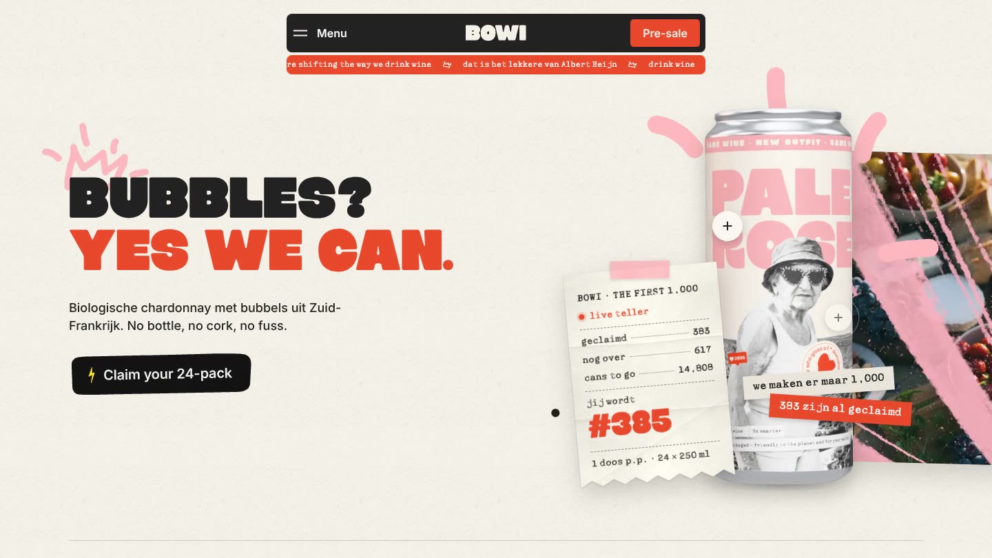 The Bowi pre-sale page with the can and the live counter