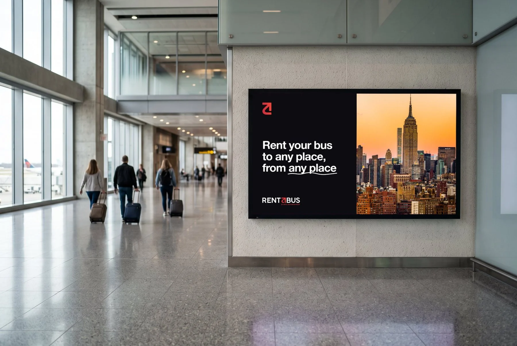 The same airport screen showing the dark version of the layout with a photo of New York