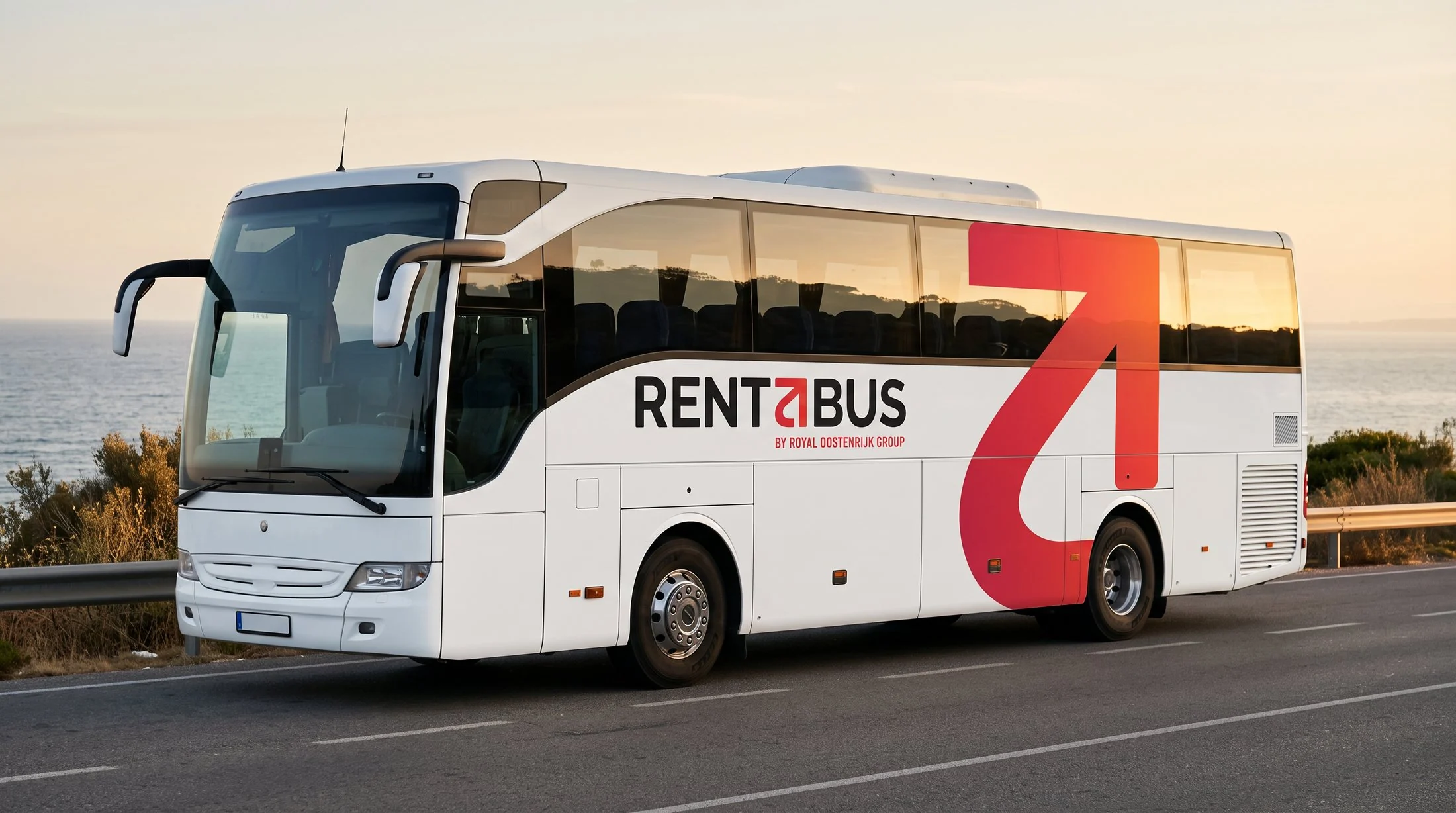 Concept mockup, close-up: the Rentabus logo and the large red mark on the side of a white coach