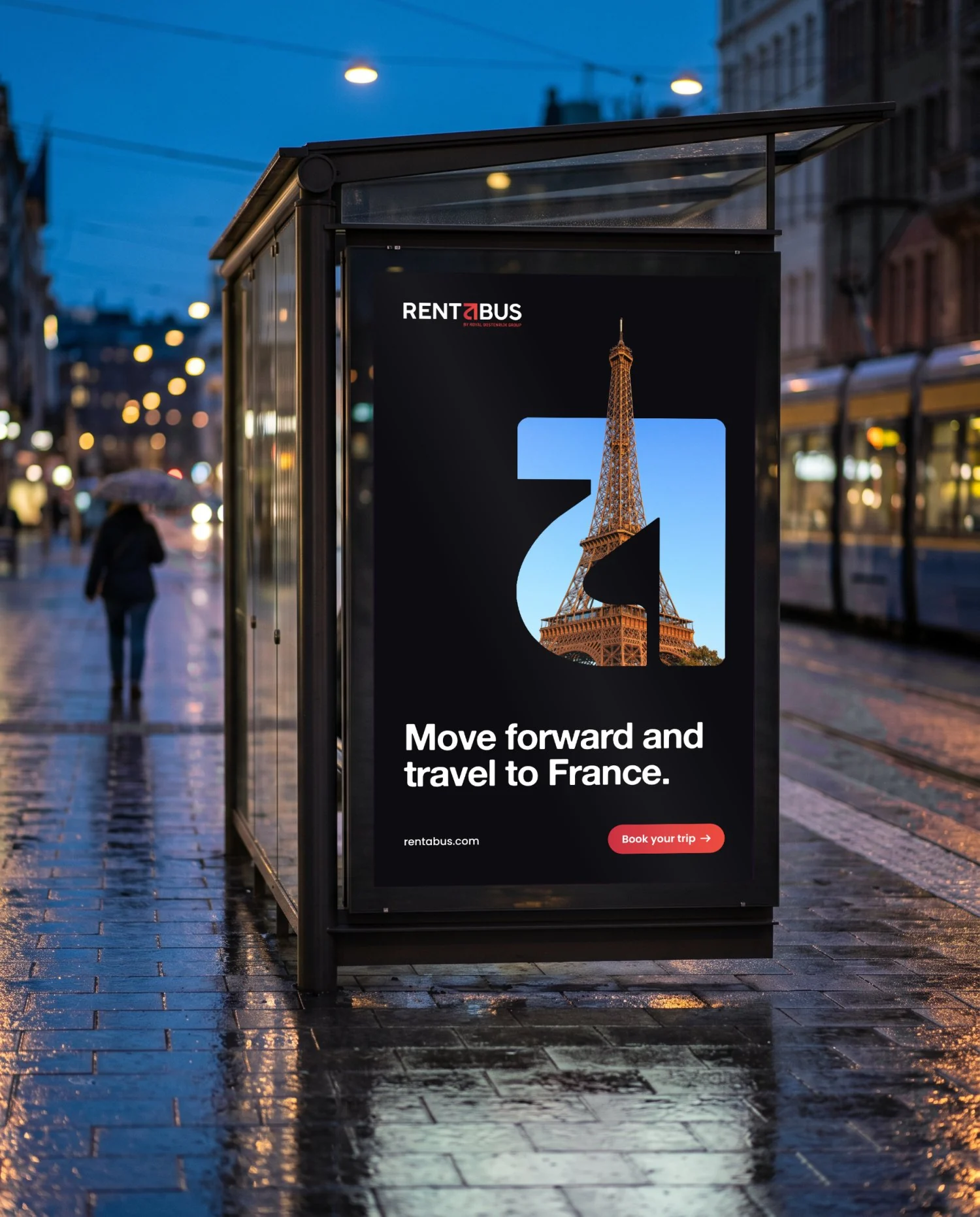 The same bus shelter with a dark poster: the Eiffel Tower rises out of the letter, above the line Move forward and travel to France.