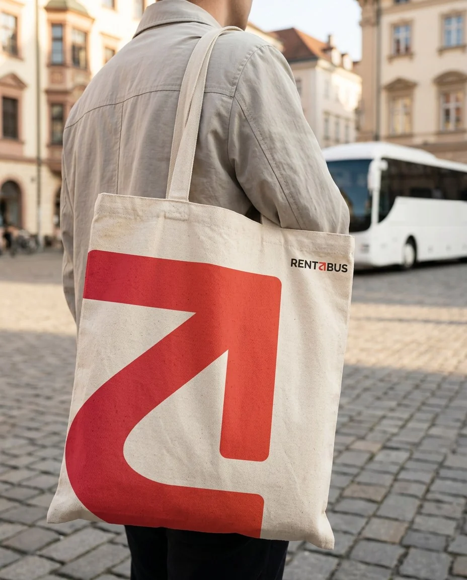 Concept mockup: a canvas tote bag with the red mark printed large and the Rentabus logo in the corner, carried through a city square