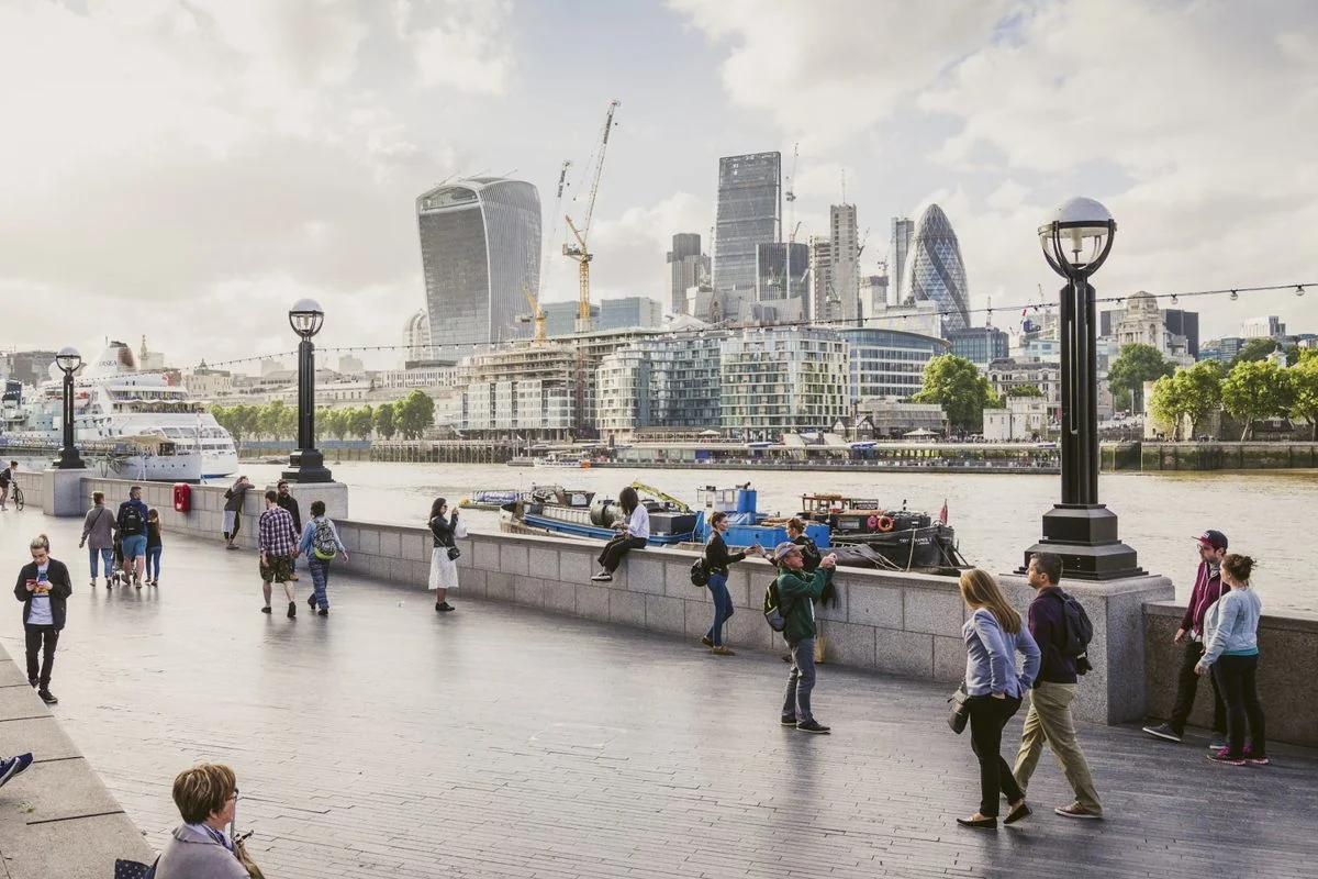 People walking along the Thames with the London skyline behind them