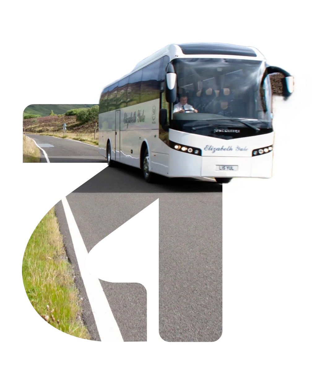 A letter a filled with a country road. A white coach drives out of the top of the letter.