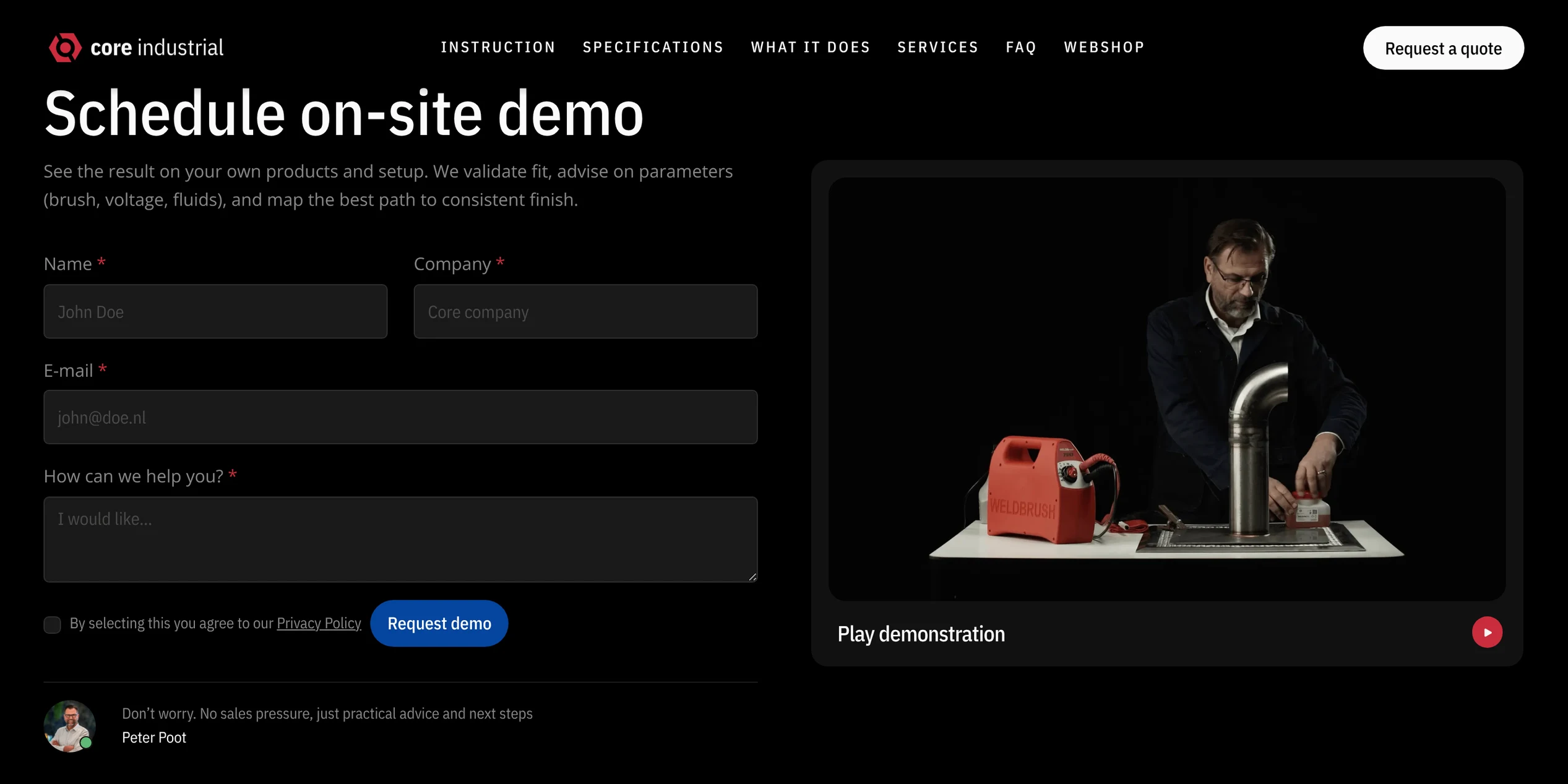 The WELDBrush page on the Core Industrial website, with the demo request form