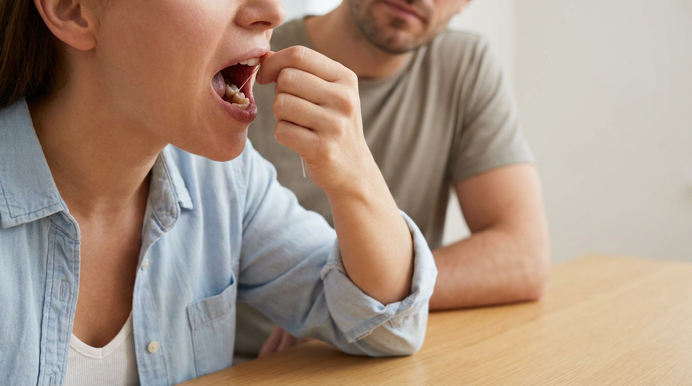 A woman's hand, Zoe, uses dental floss around a neatly placed ceramic crown on a lower molar, demonstrating good oral hygiene.