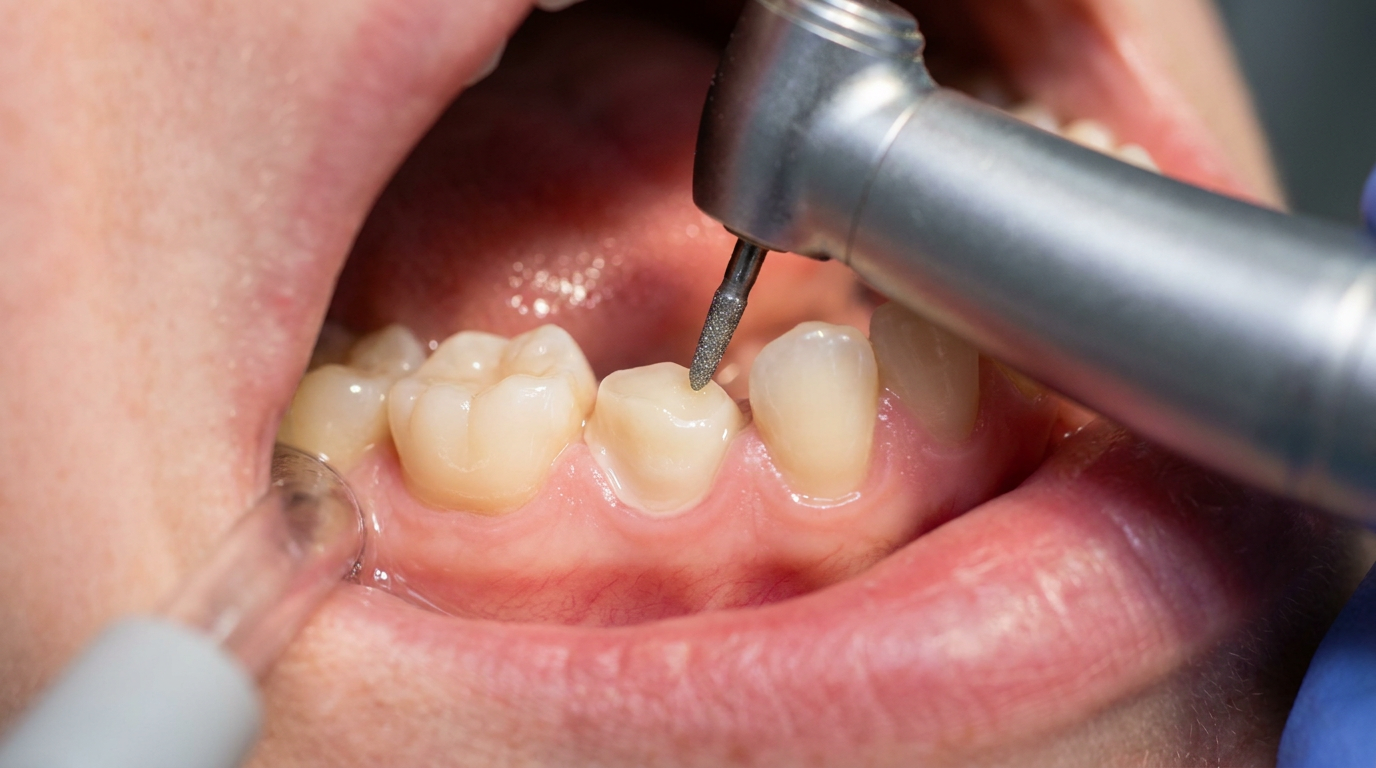 A close-up of a patient's open mouth shows a molar being prepared for a dental crown, with the tooth slightly reshaped and clean.