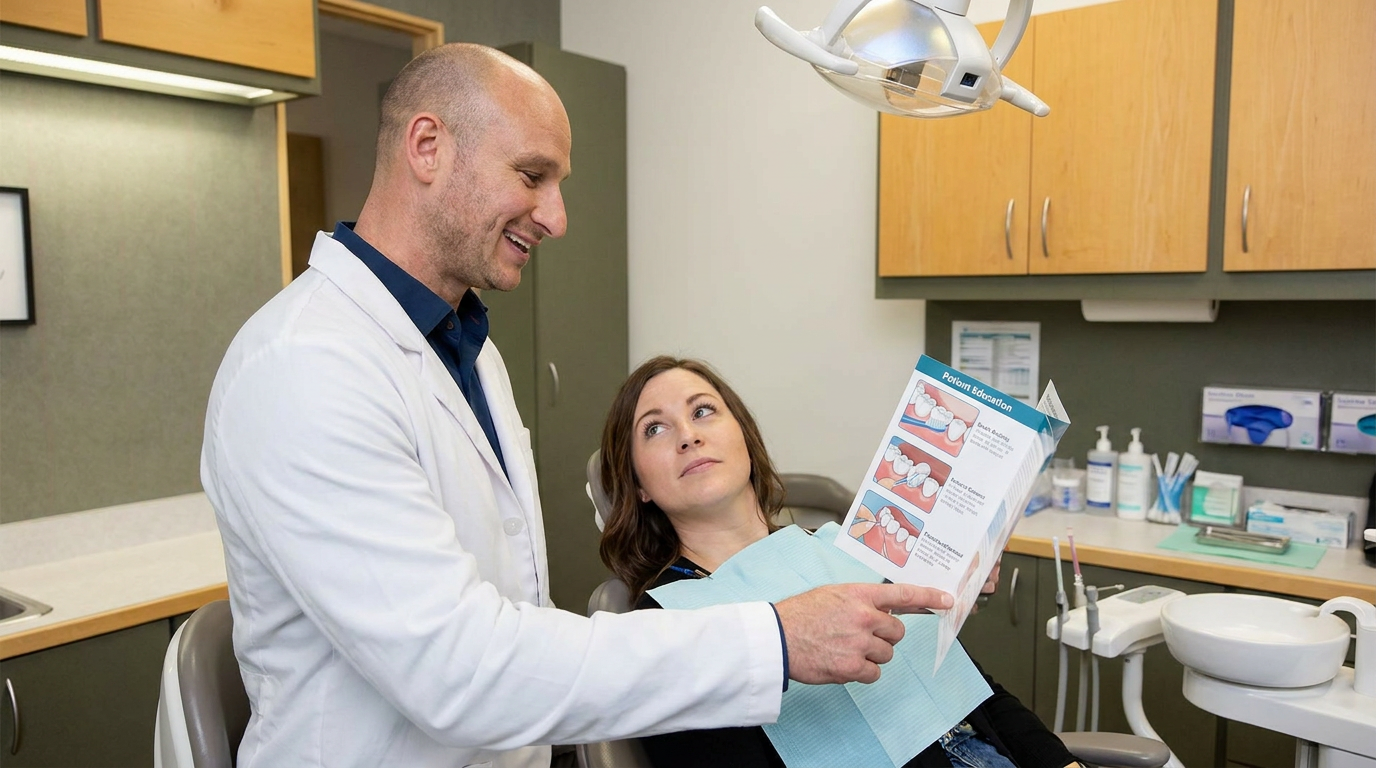 Dr. Cory Fortson, explains crown maintenance to Hannah, who is seated in a dental chair.