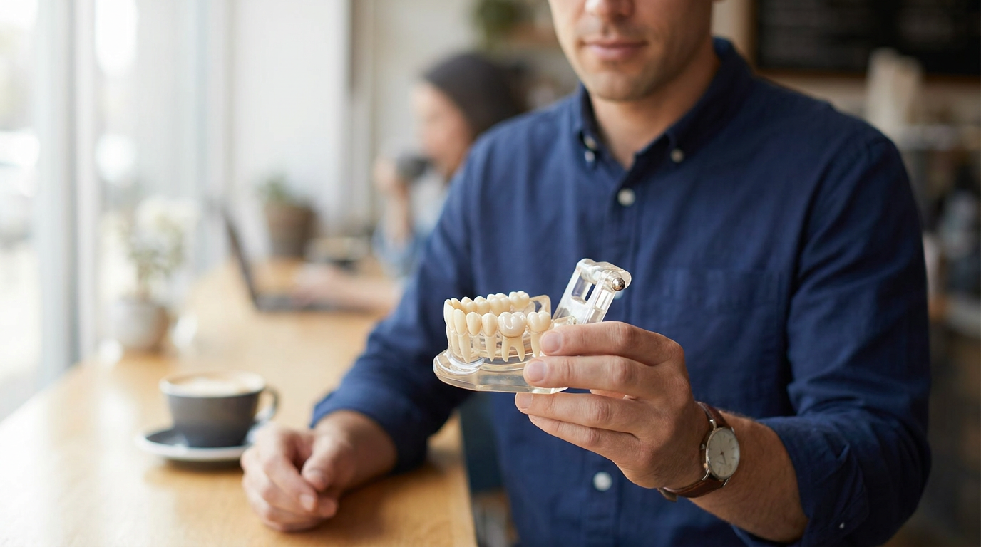 A detailed ceramic dental crown sits perfectly on a small plastic tooth model, showcasing its natural shine and color match to the adjacent teeth.