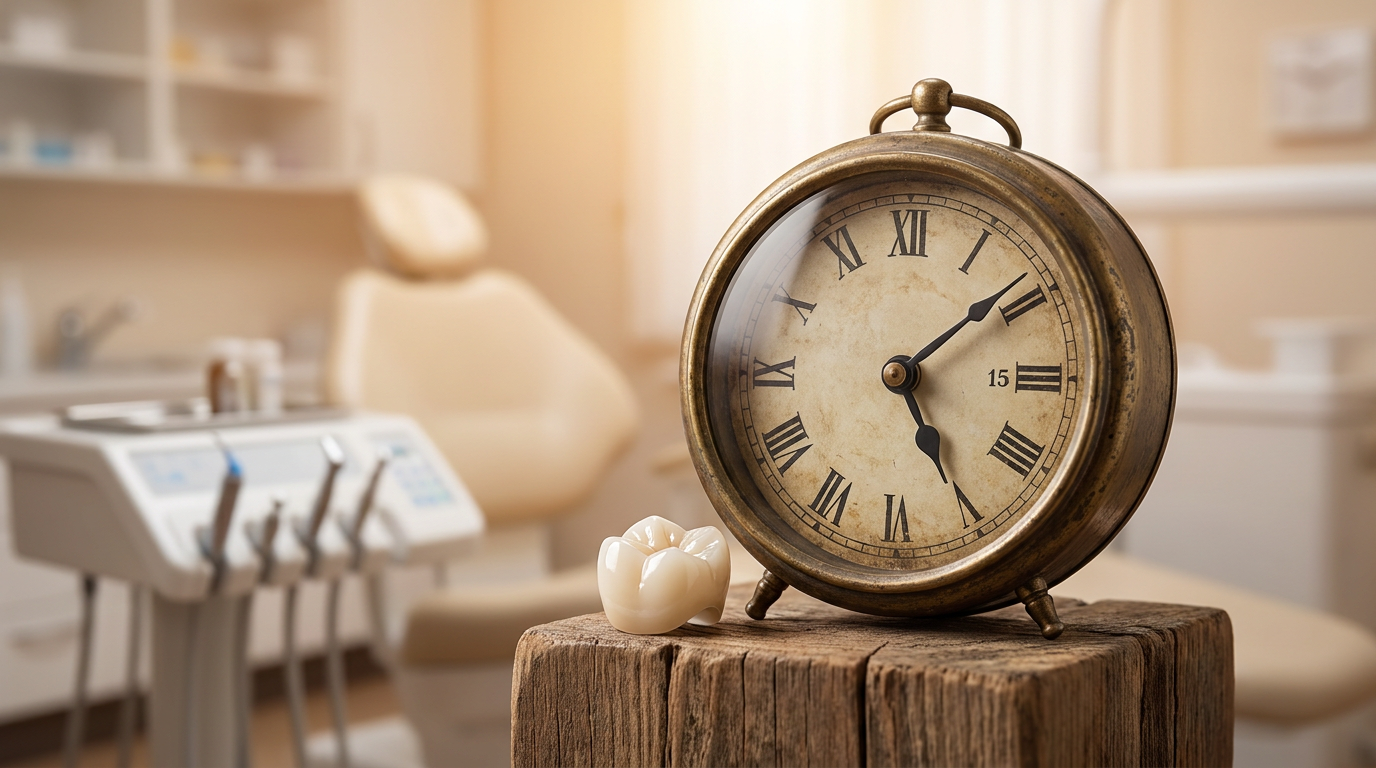An antique clock displaying 5 to 15 years, positioned next to a beautifully restored ceramic dental crown on a wooden block, symbolizing the expected lifespan of a well-maintained crown.
