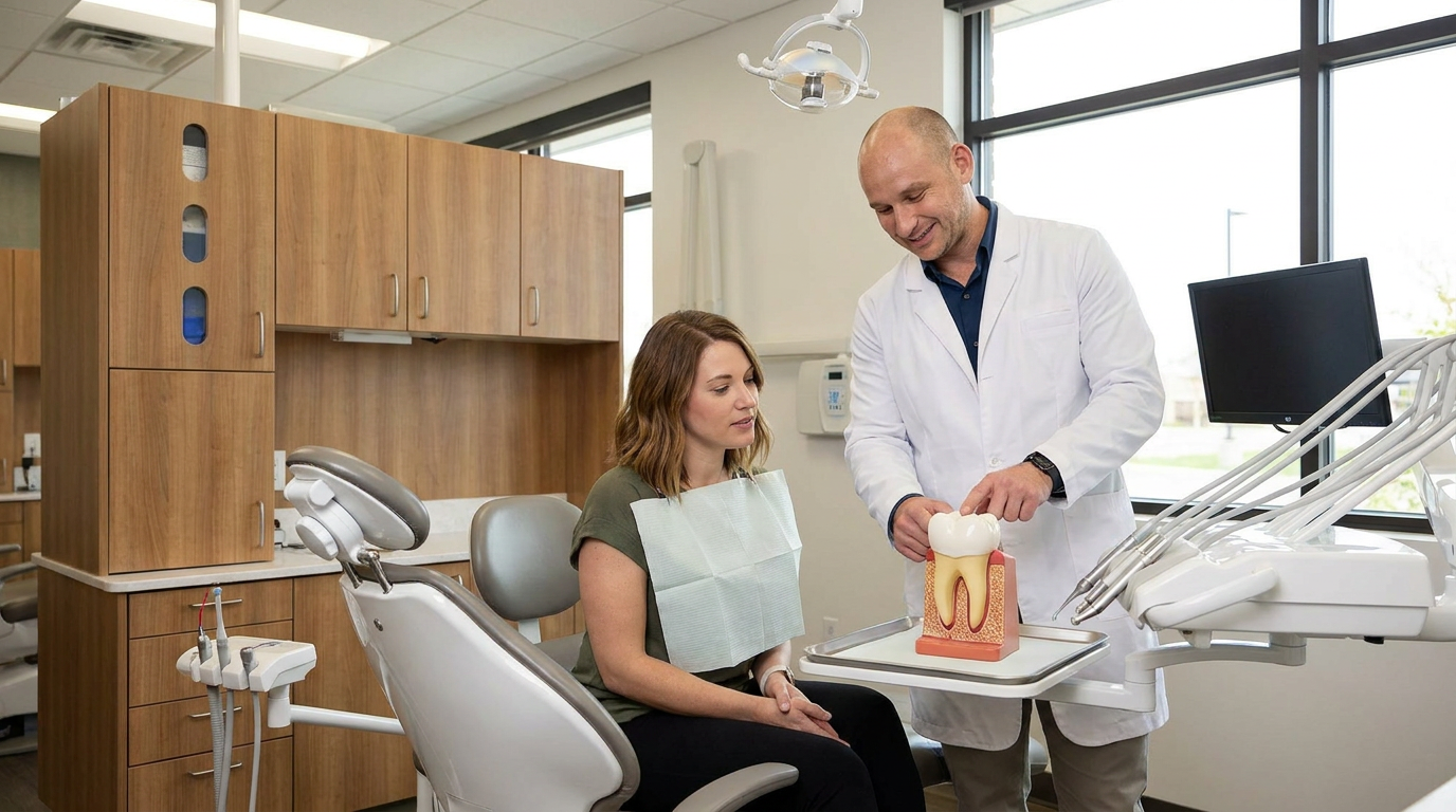 Dr. Cory Fortson, discusses the benefits of dental crowns with Natalie, inside a modern dental office.