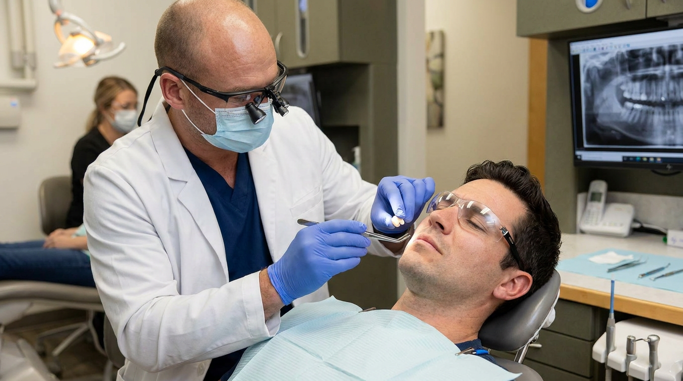 Dr. Cory Fortson, carefully places a temporary dental crown onto a patient's prepared tooth during the first appointment, ensuring a snug fit.