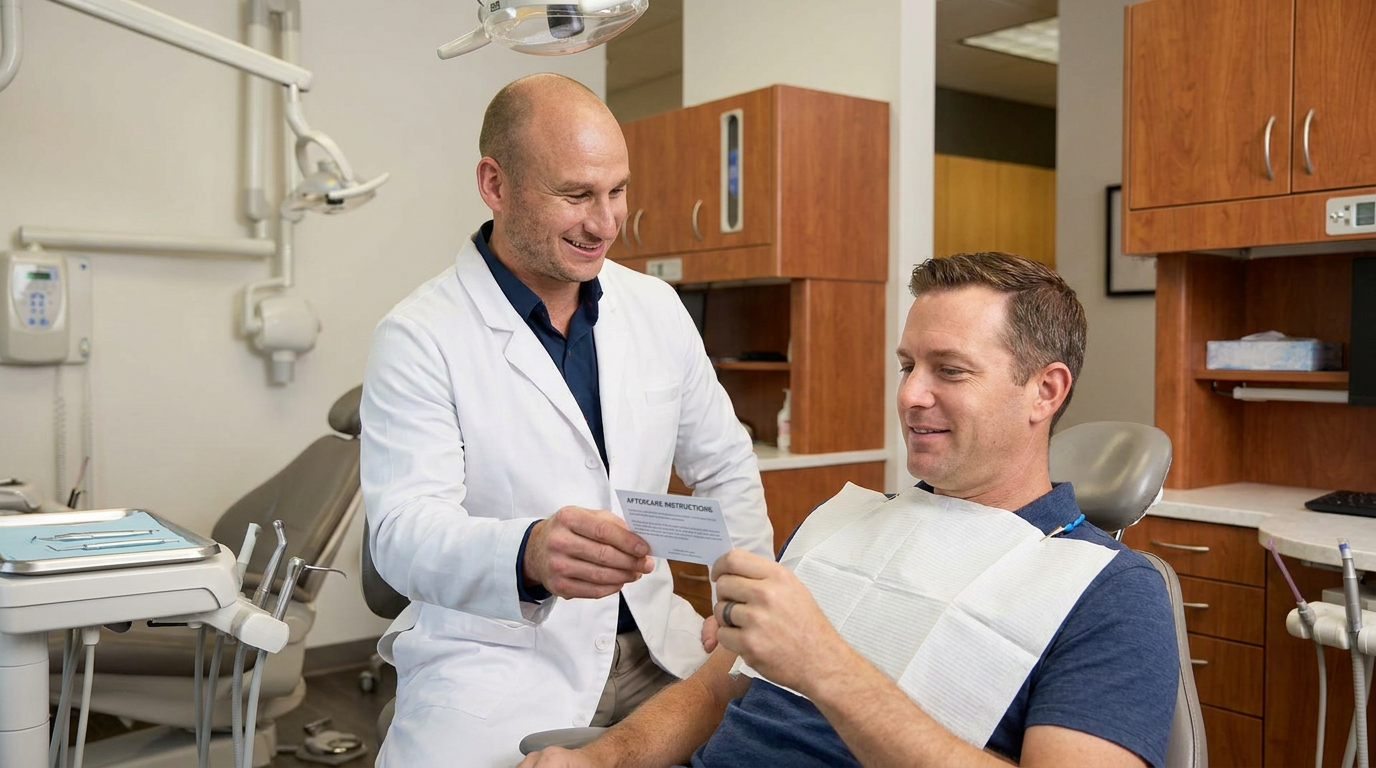 Dr. Cory Fortson, in a professional white lab coat, smiles reassuringly as he hands Samuel, a card with aftercare instructions while Samuel is still in the dental chair.