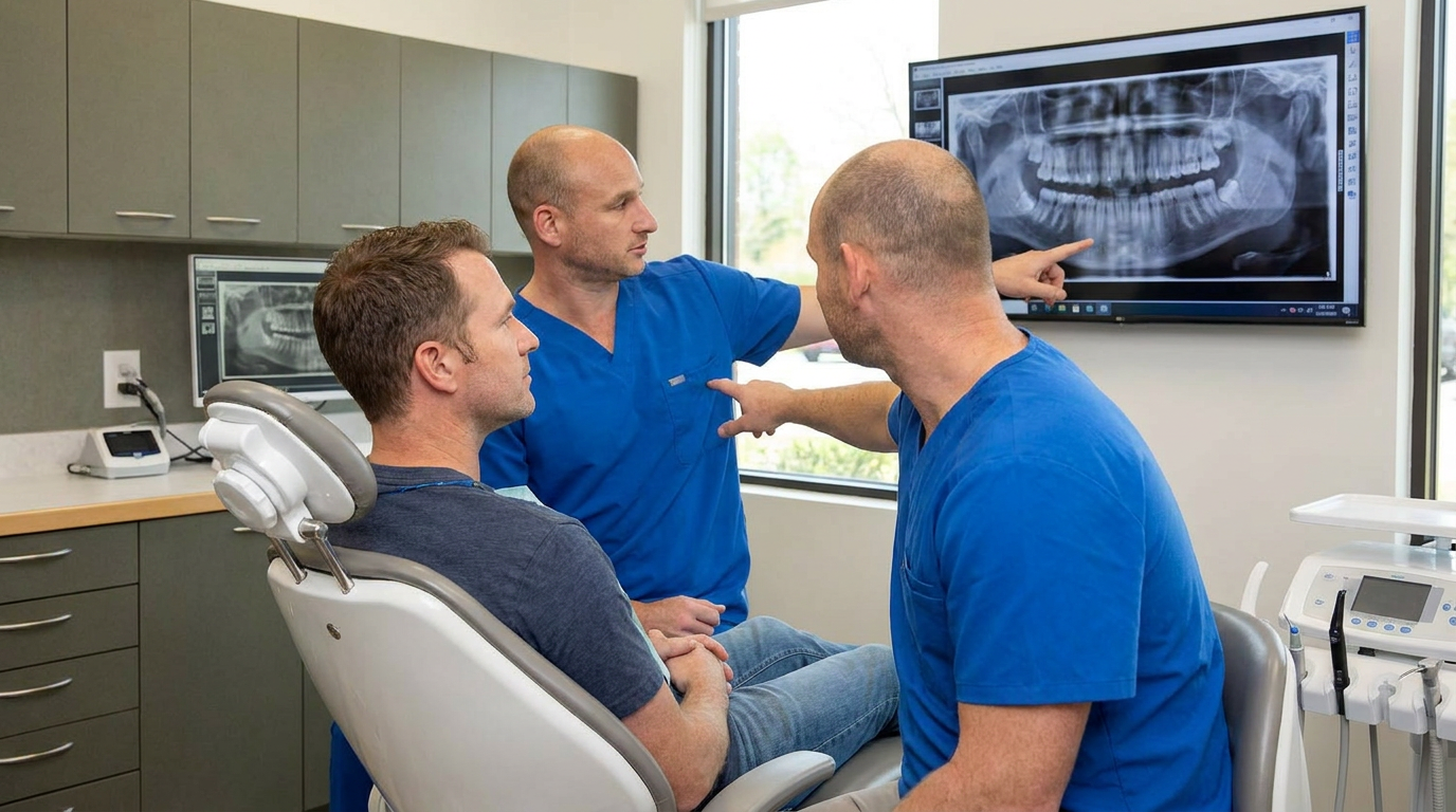 Dr. Cory Fortson, in a blue medical scrub top, leans slightly over Samuel, who is seated in a modern dental chair, looking intently at X-rays on a large digital screen beside them.