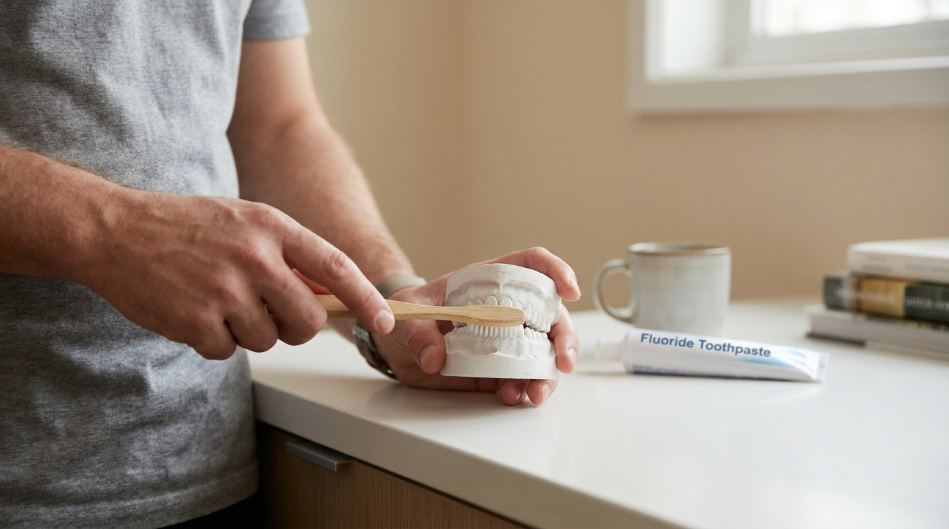 A close-up of a hand holding a soft-bristled toothbrush demonstrating proper brushing technique on a dental model, with a tube of fluoride toothpaste in the background on a clean white counter.