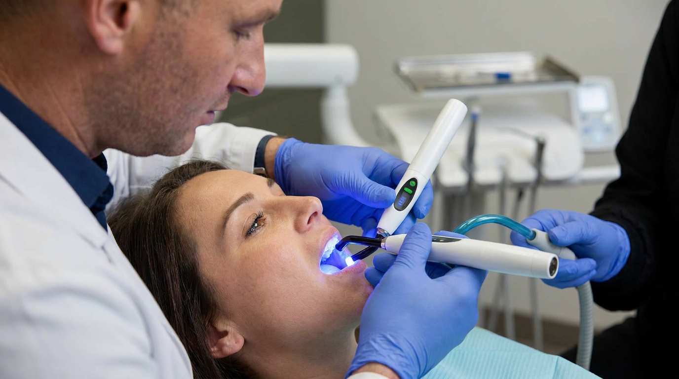 A close-up side profile of a patient's mouth in a dental chair, a dental assistant's gloved hand holding a suction, while Dr. Cory Fortson, in blue gloves, uses a dental light to cure a composite filling.