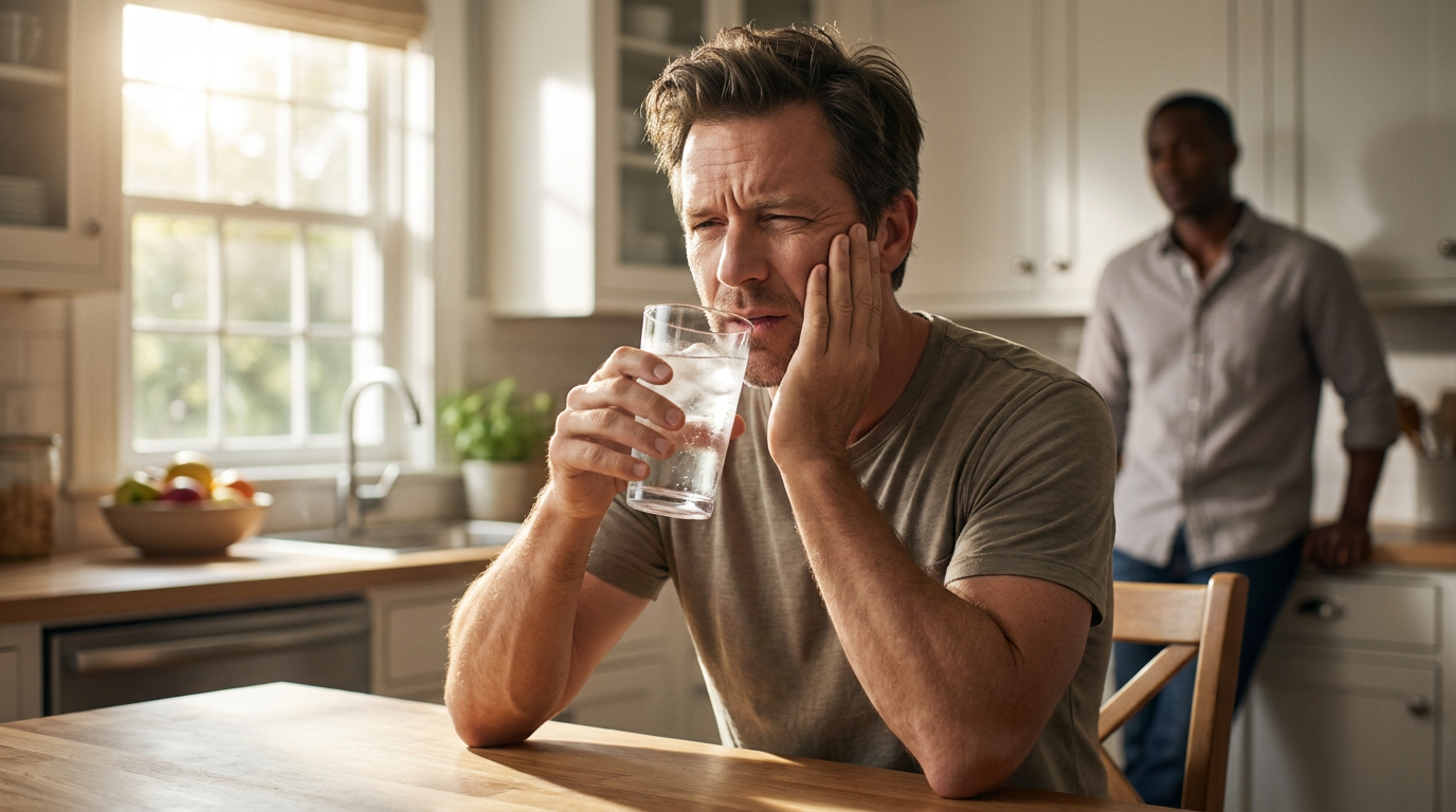 Samuel, slightly wincing and holding a glass of iced water to his mouth with one hand, his other hand on his cheek, sitting at a sunlit kitchen island.