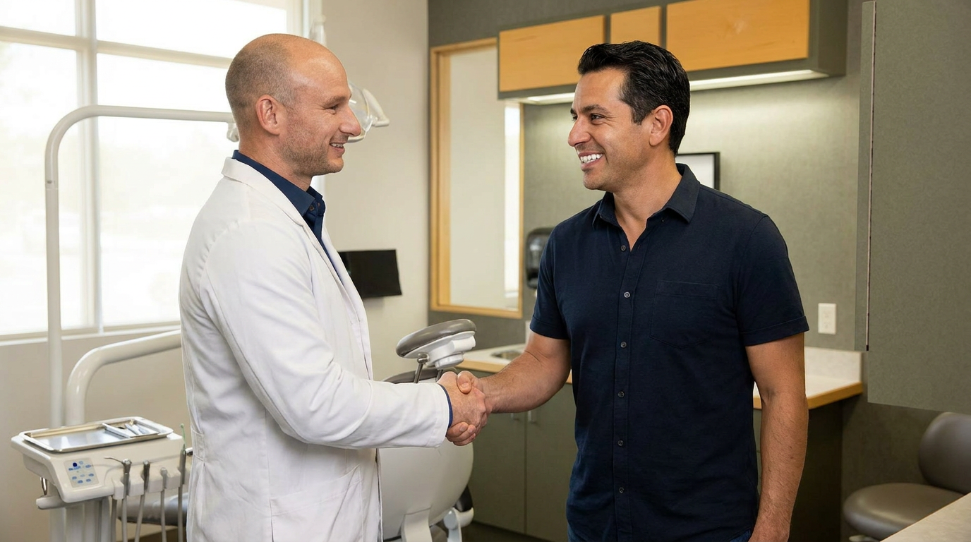 Samuel, smiles confidently showing his teeth, shaking hands with Dr. Cory Fortson, in his office, conveying professionalism and satisfaction.