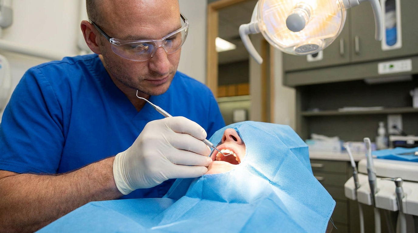 A macro shot from the patient's perspective in a dental chair, showing Dr. Cory Fortson, in a blue scrub top and protective glasses, holding a dental tool near a patient's mouth, with sterile drapes visible.
