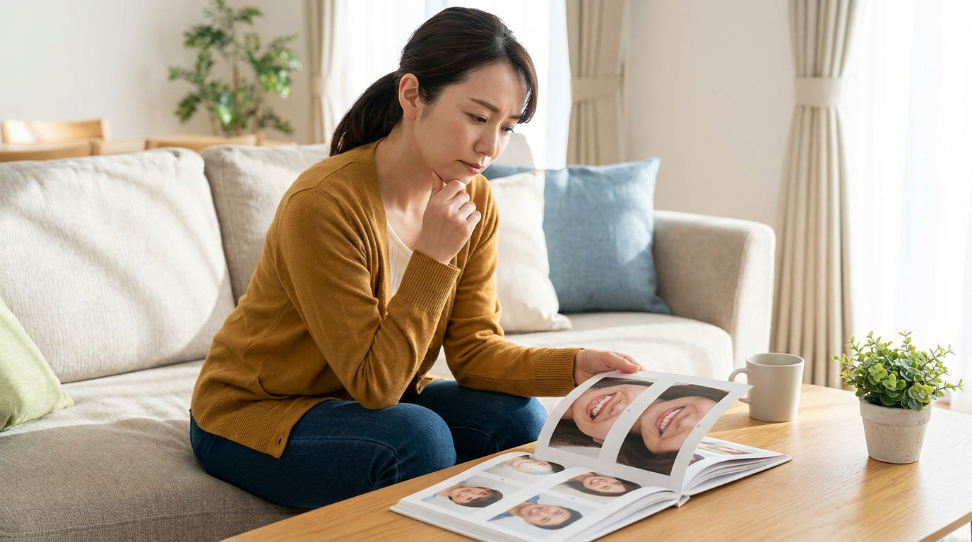 Paige, gently touching her chin, deep in thought while looking at a before-and-after photo album of smiles on a coffee table.