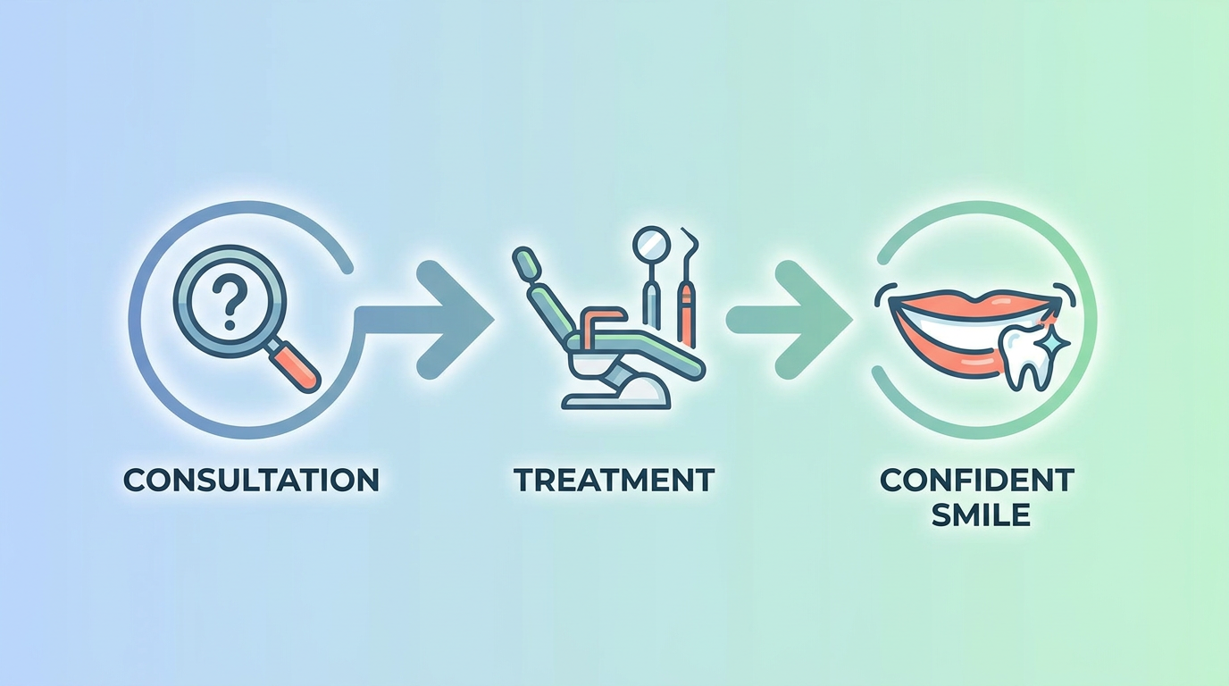 Minimal-text infographic-style visual: A simplified timeline highlighting "Consultation," "Treatment," "Confident Smile."