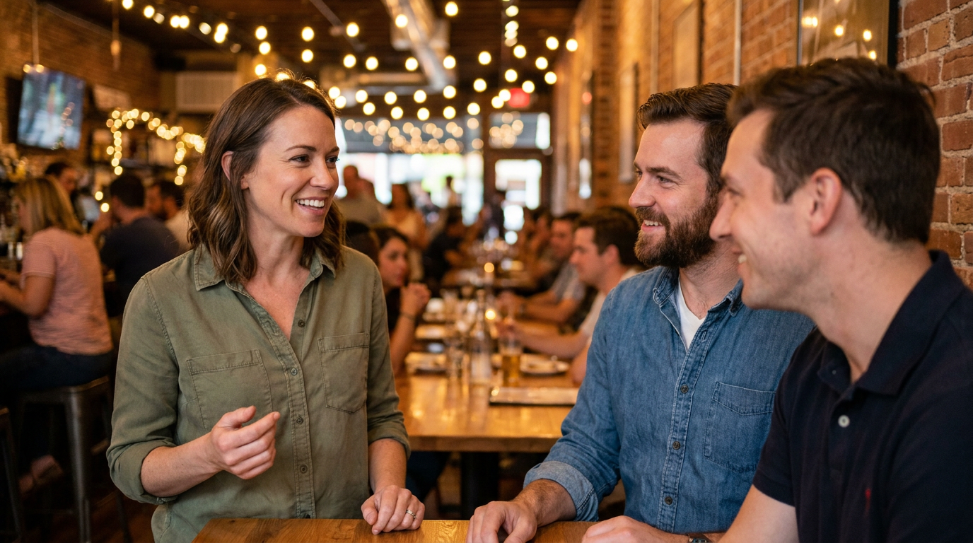 Paige, smiling broadly and confidently while talking with friends Matthew and Jeremy, at a lively restaurant.