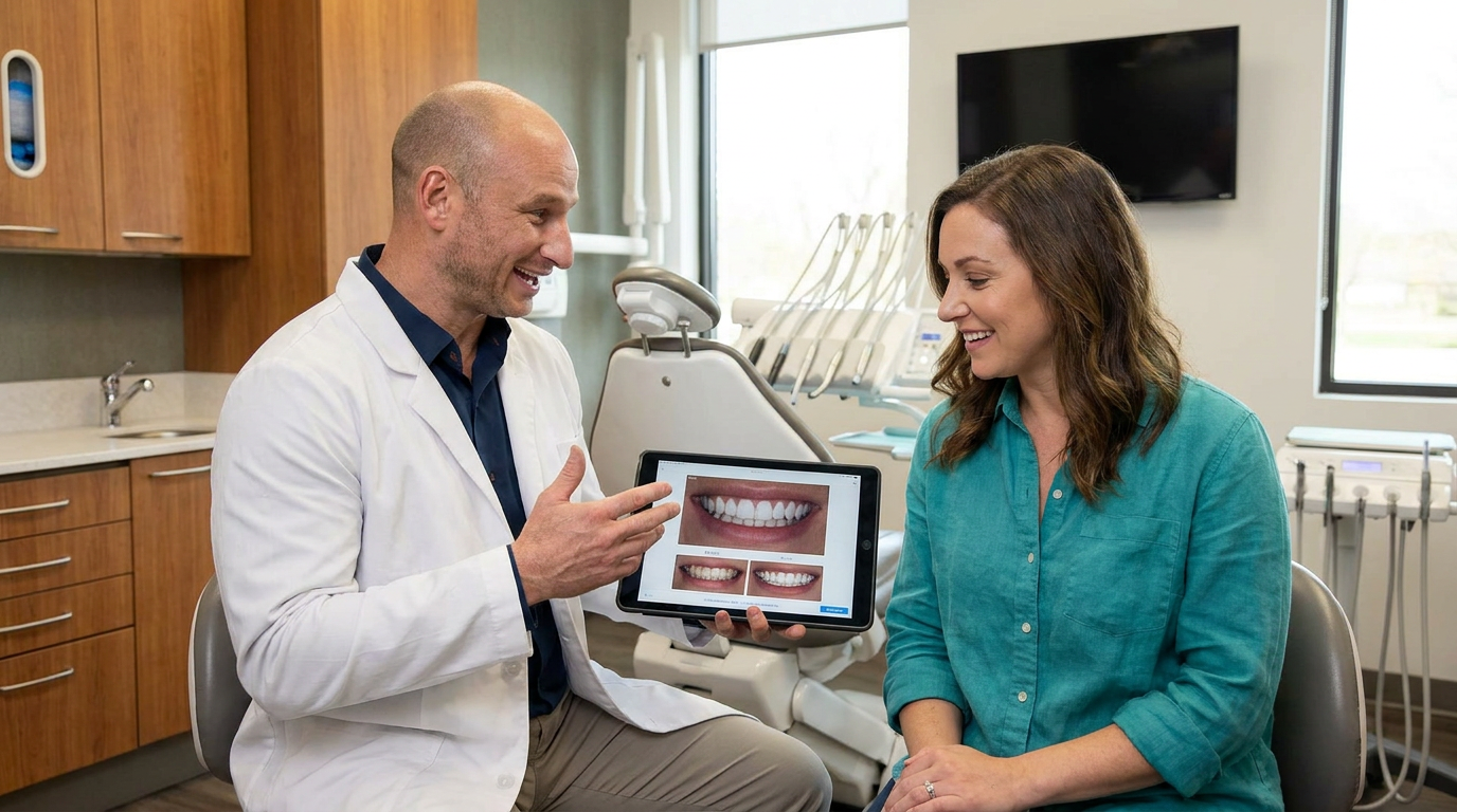 Dr. Cory Fortson, engaging in a consultation with Paige, in a modern dental office.