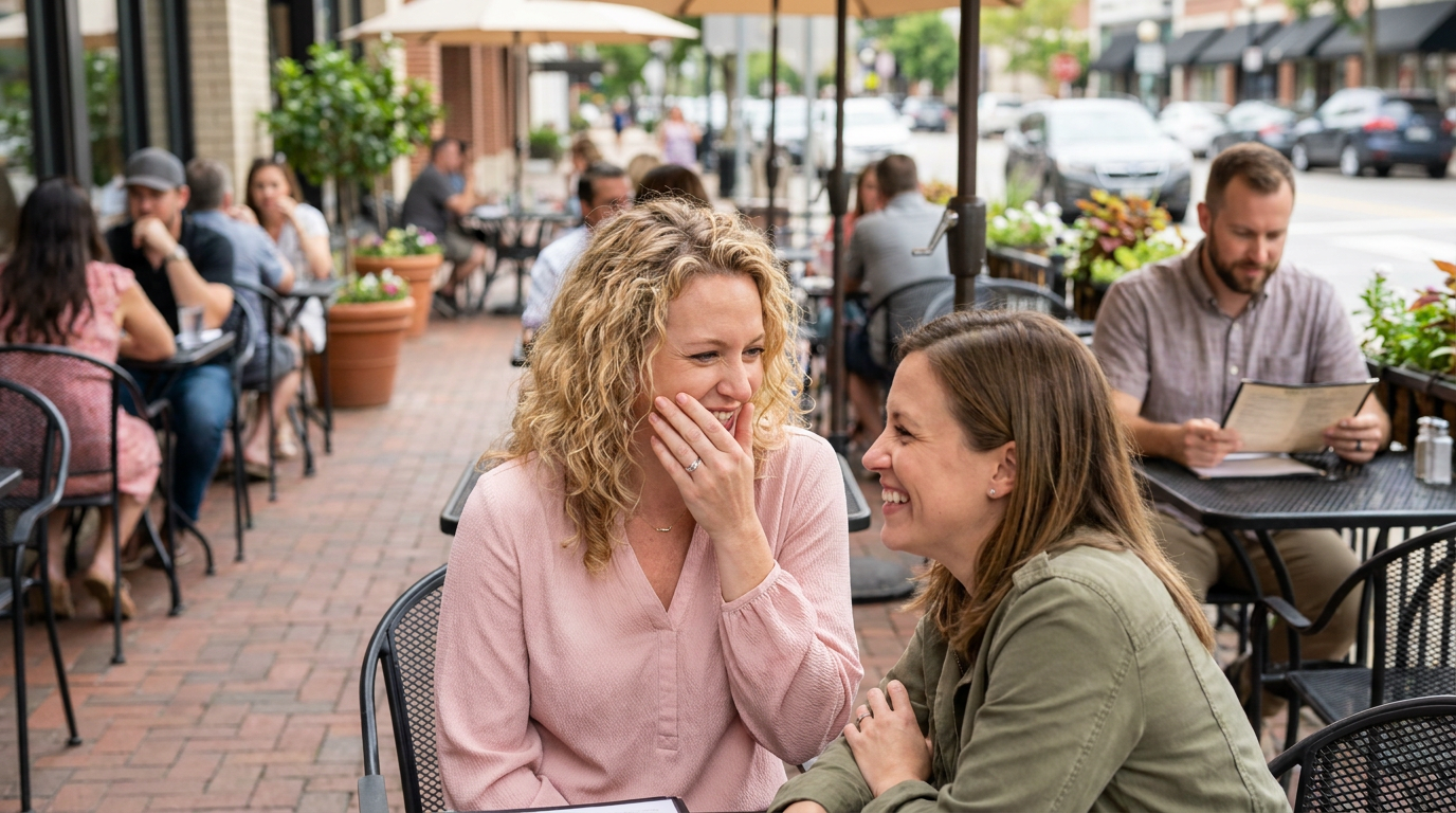 Paige, subtly covering her mouth with her hand while laughing with a friend, Danielle,, at an outdoor cafe.