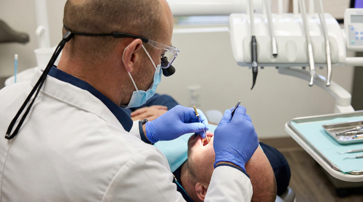 A dentist wearing a white lab coat, blue gloves, a surgical mask, and dental loupes works on a patient's open mouth with dental tools.