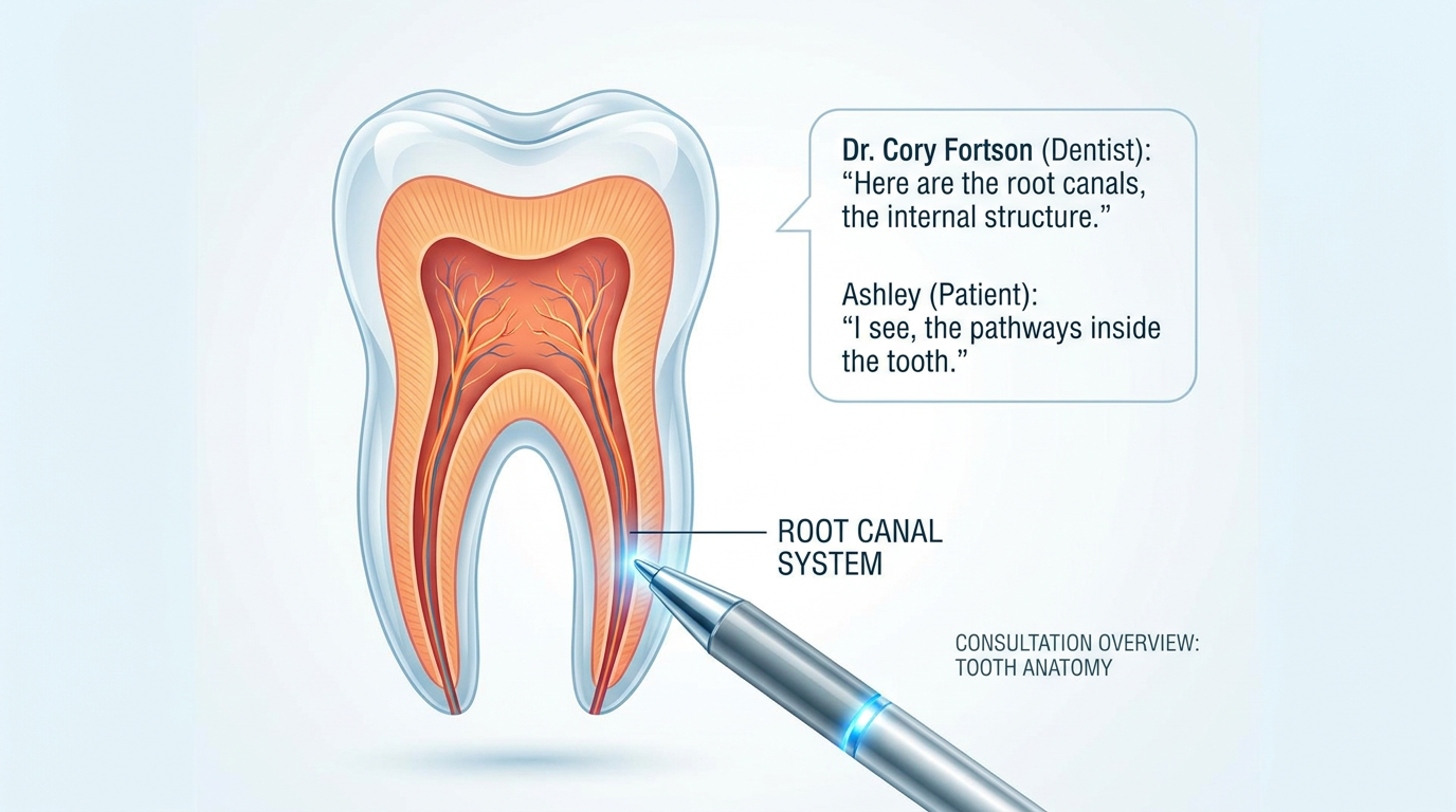 An illustration of a cross-section of a tooth is shown with a pen pointing to the root canal system, with text boxes showing a conversation between Dr. Cory Fortson and Ashley.