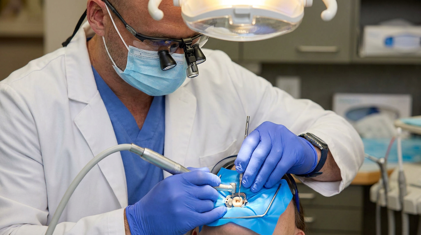 A dentist wearing a white lab coat, blue scrubs, a light blue face mask, and dental loupes works on a patient's tooth with a dental drill and other tools, while wearing blue gloves.
