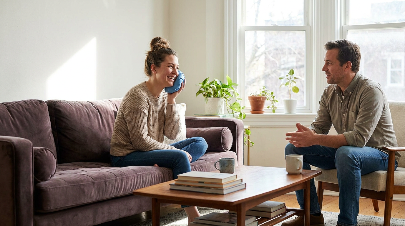 Ashley sits on a purple couch, holding a blue ice pack to her cheek and smiling at a man sitting in a chair across from her in a sunlit living room.