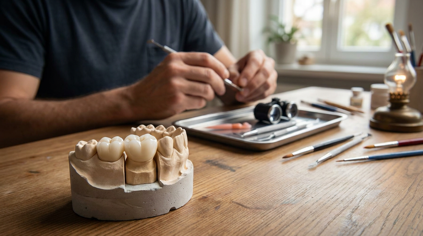 A person in a dark t-shirt uses a dental tool to work on a dental model on a wooden table, surrounded by brushes, a tray of tools, and a lit oil lamp.