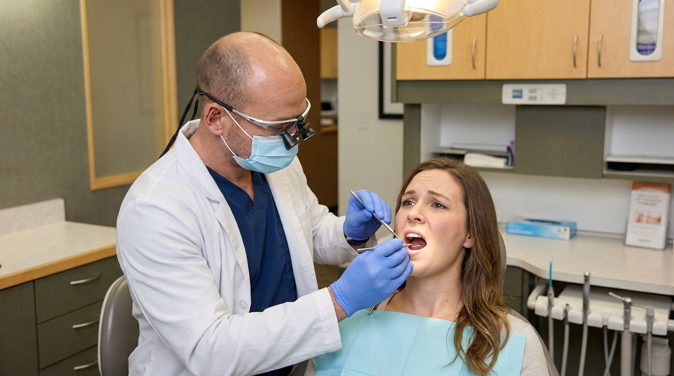 Dr. Cory Fortson, wearing a white lab coat, blue scrubs, a surgical mask, and magnifying glasses, examines Ashley's open mouth with a dental mirror and probe as she sits in a dental chair.
