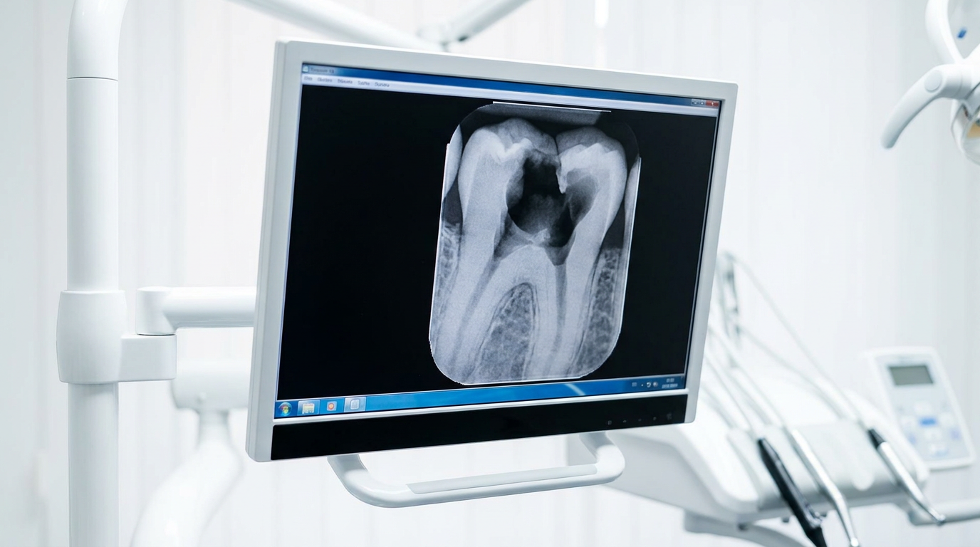 A dental X-ray of a tooth with decay is displayed on a monitor in a dental office, with dental tools and equipment visible in the background.