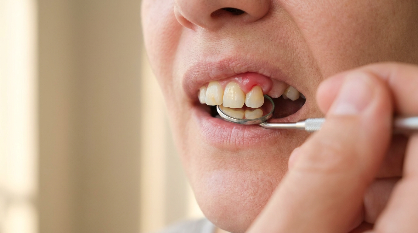 A person's open mouth with inflamed gums around a front tooth is shown as a dental mirror is held to the lower teeth.