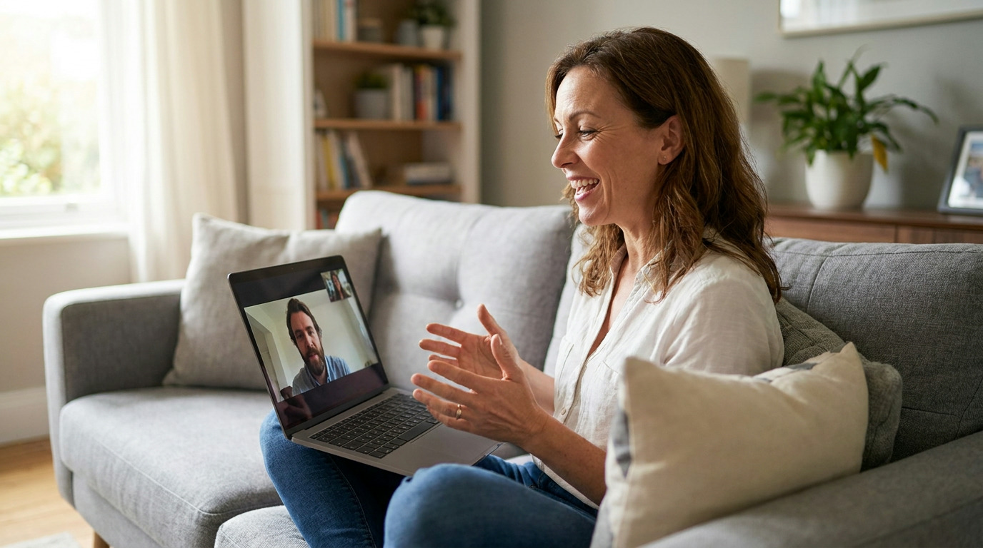 Amanda sits on a gray couch, smiling and gesturing with her hands while on a video call with a man on her laptop screen, in a bright living room.