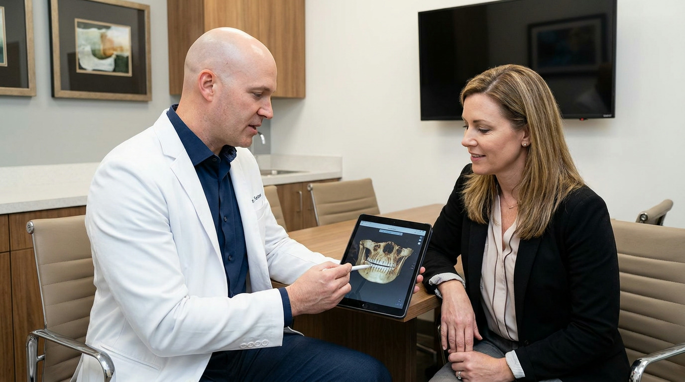Dr. Cory Fortson, in a white lab coat, points with a stylus to a 3D dental scan of a jawbone on a tablet, showing it to Amanda, who is seated across from him at a table in a consultation room.