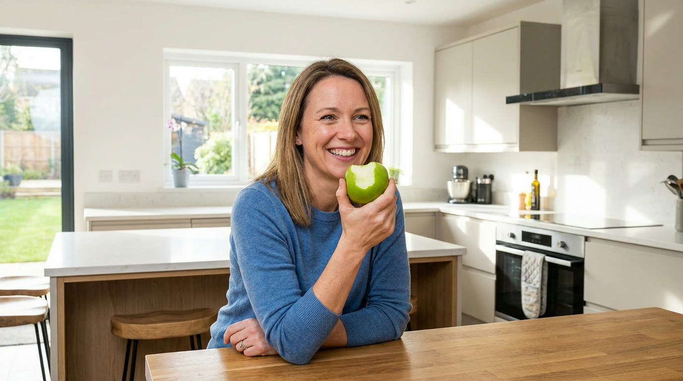 Amanda, wearing a blue top, sits at a wooden counter in a bright kitchen, smiling widely while holding a green apple with a bite taken out of it.
