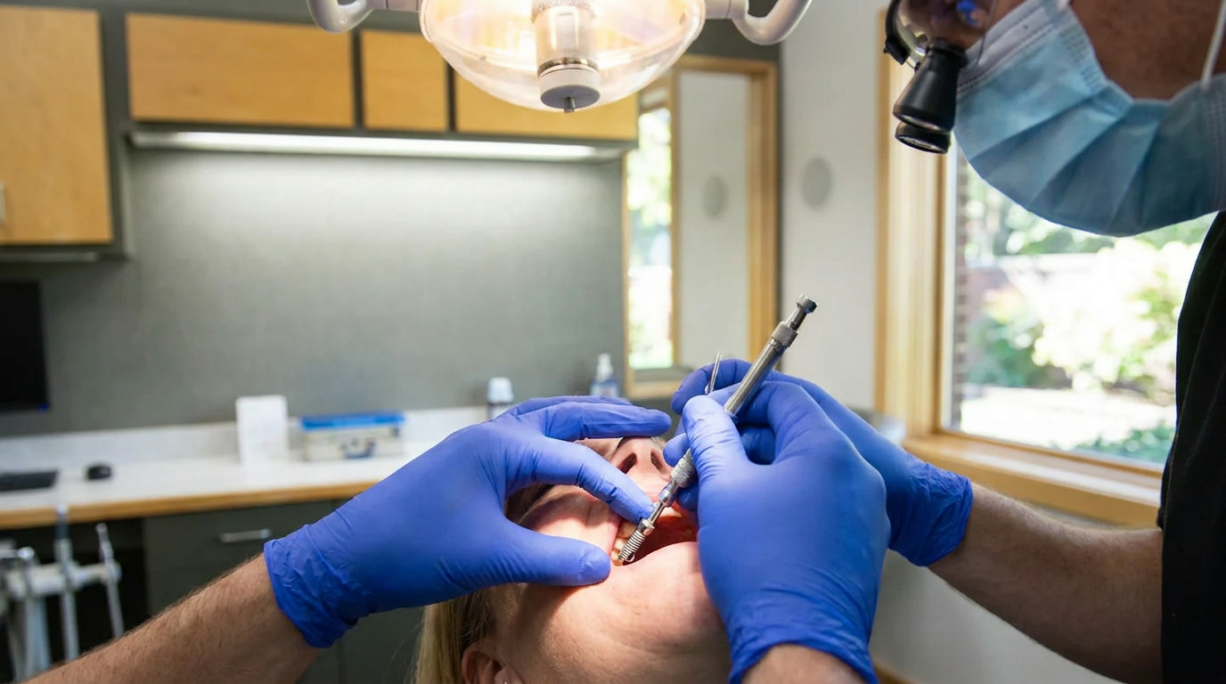 A person in blue gloves and a mask works inside a patient's mouth with a dental tool under a bright overhead light in a dental office.