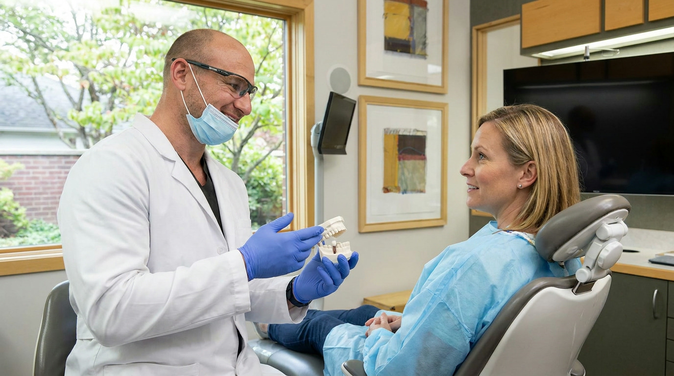 Dr. Cory Fortson, wearing a white lab coat, blue gloves, and a mask pulled down, holds a dental model with an implant while speaking to Amanda, who is seated in a dental chair wearing a blue gown.